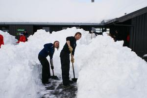 Ariska Mijnheer and Derek Altof digging in and clearing snow at the Mt Hutt base building.